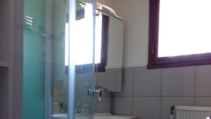 A bathroom with a glass shower enclosure, a white sink, and a mirror above the sink. - IN VILLA, APARTMENT ALL COMFORT WITH PARKING  (Arles)
