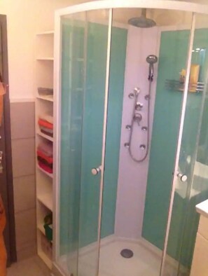 Hair dryer, towels, soap, toilet paper