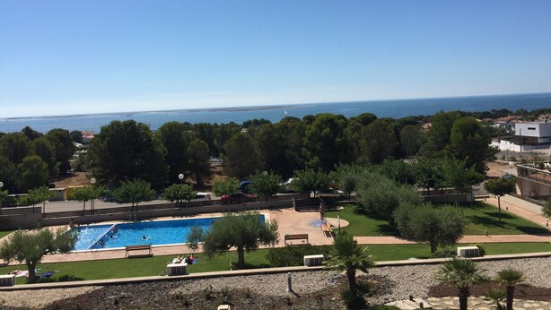 A swimming pool with a view of the sea, surrounded by trees and a grassy area.