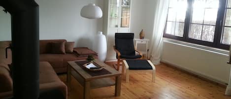 Télévision, cheminée, chaîne hi-fi