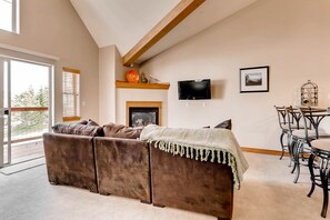 Smart TV, fireplace, DVD player, books