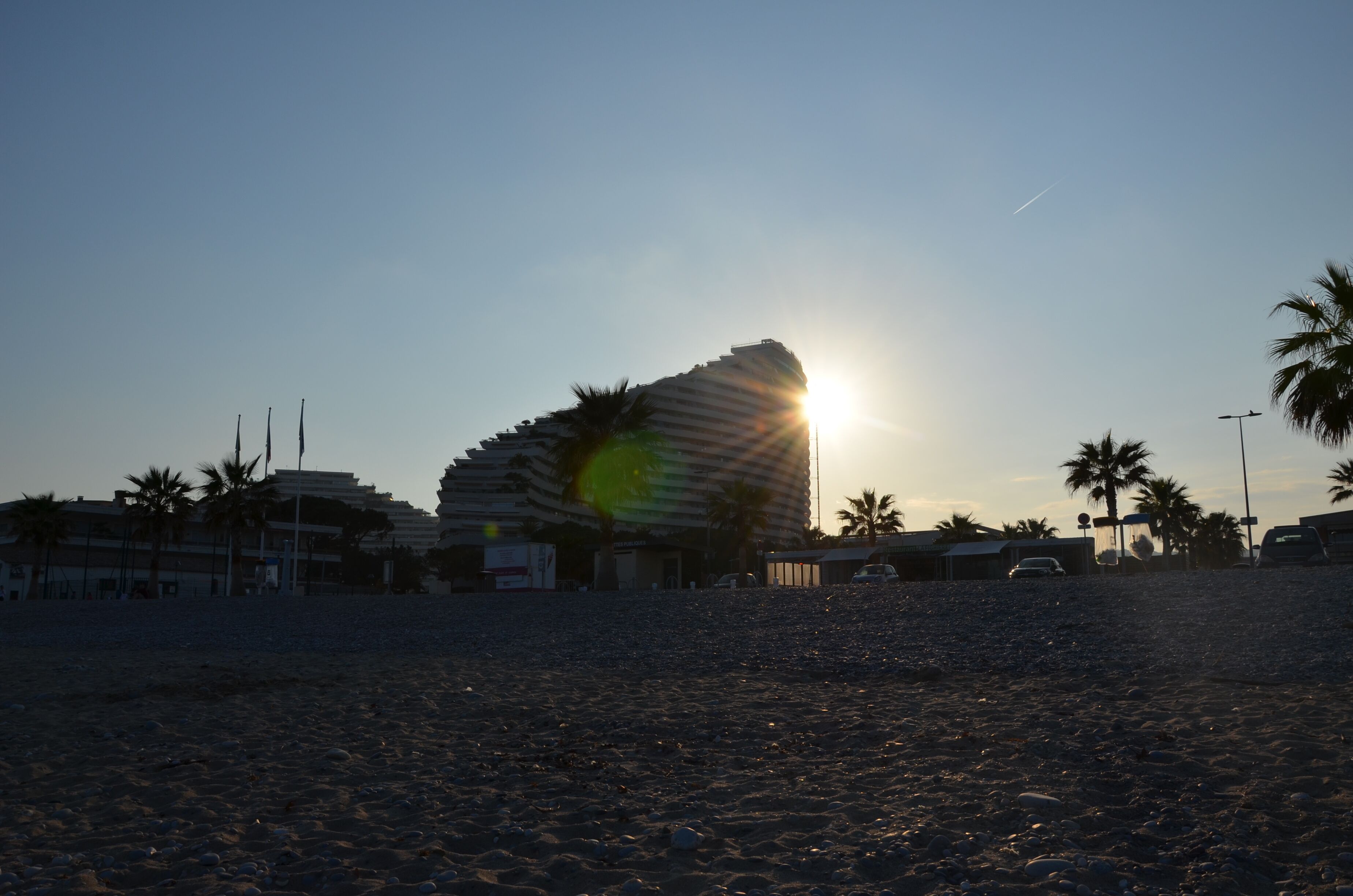 Een strand met een modern gebouw en palmbomen.