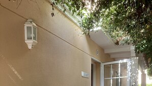 A building entrance with a door labeled "LAVANTI," a potted plant, and a tiled patio with scattered flower petals.