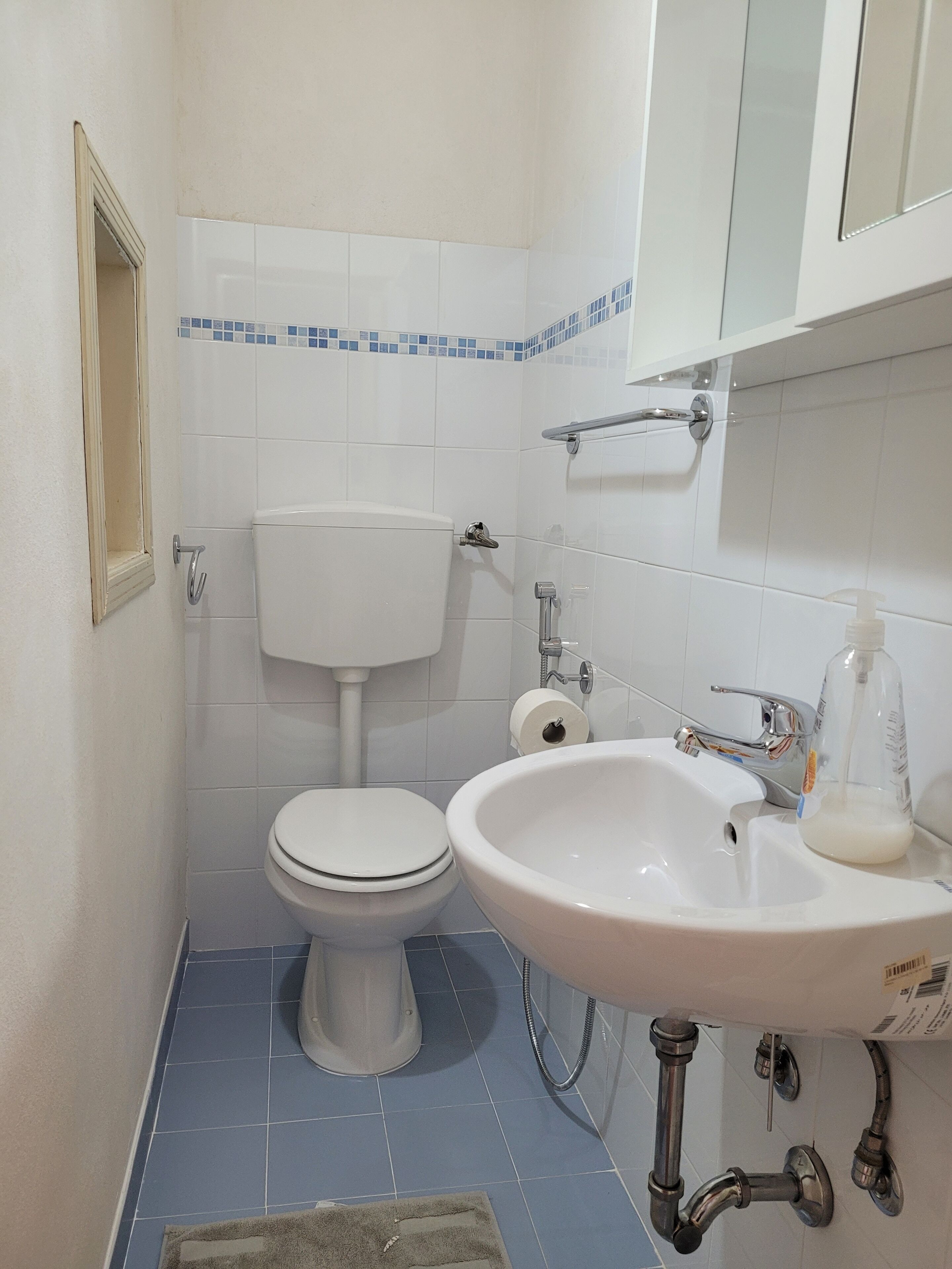 A small bathroom with a toilet, sink, and a shower.
