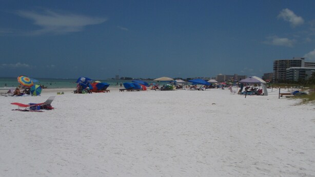 A beach with white sand, umbrellas, and beach chairs. - Siesta Key 2 Bedroom Condo  (Siesta Key)