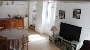 TV, DVD player, books, video library