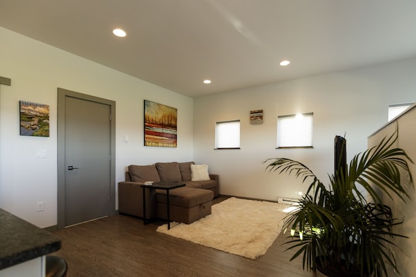 A modern living room with a sectional sofa, a fluffy rug, and a potted plant.