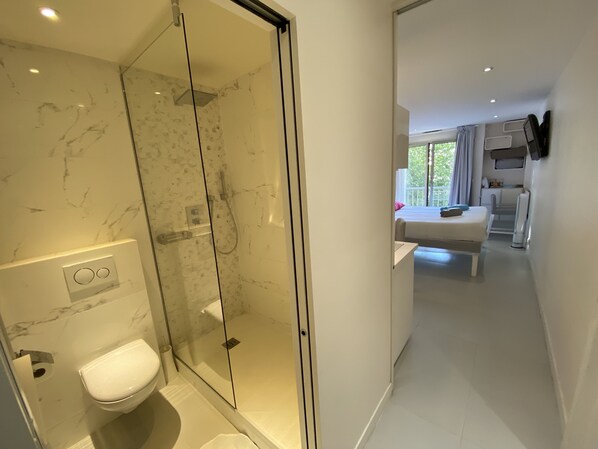 Douche, séchoir à cheveux, serviettes fournies, savon