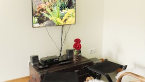 Une pièce avec un téléviseur fixé au mur, un meuble en bois contenant des appareils électroniques, un vase avec des fleurs rouges et un fauteuil recouvert de fourrure.