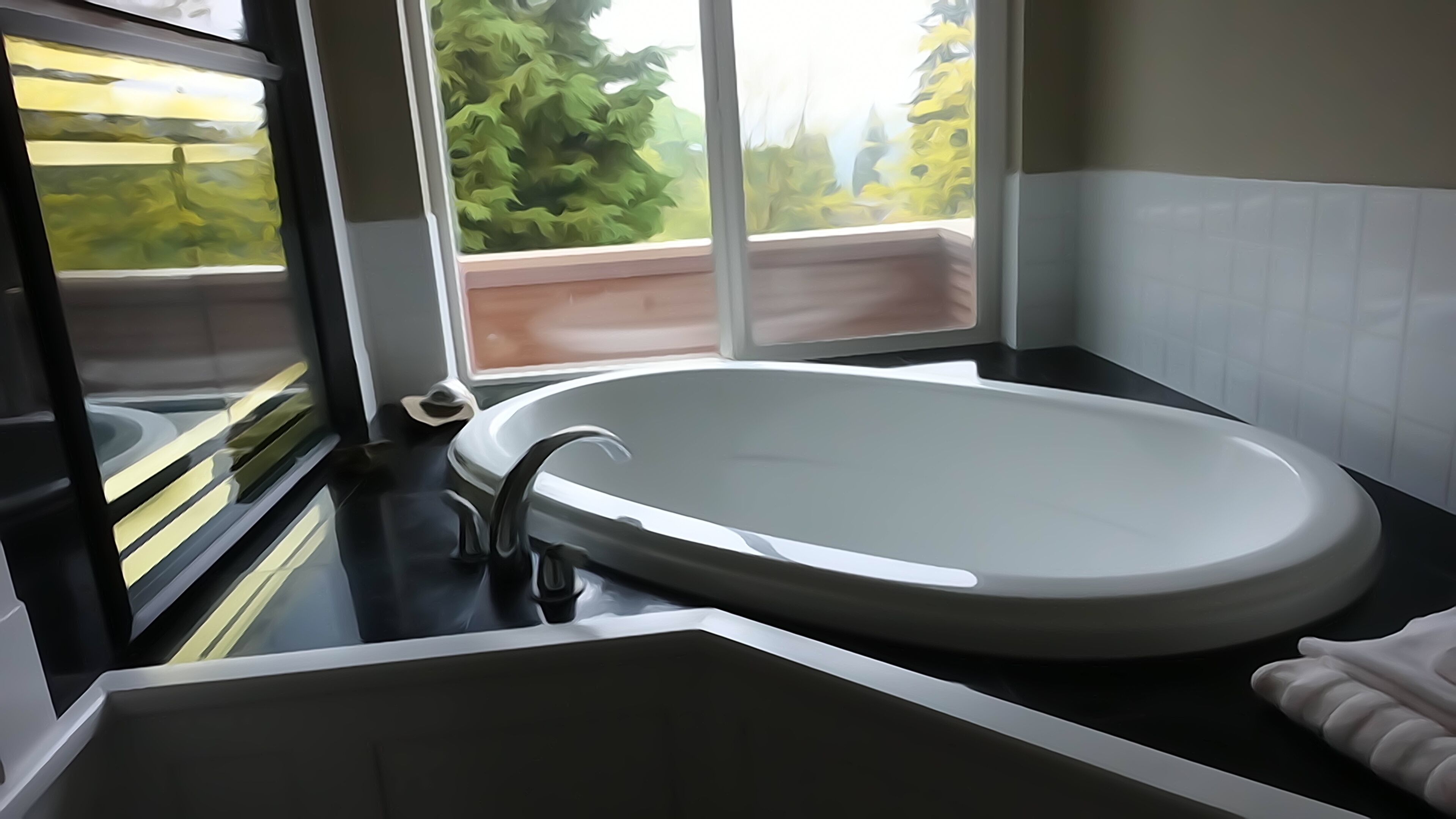 A modern bathroom with a large oval bathtub, a window with a view of greenery, and a black countertop.