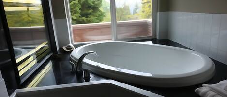 A modern bathroom with a large oval bathtub, a window with a view of greenery, and a black countertop.