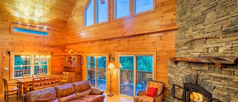 Smart TV, fireplace, books, computer monitors