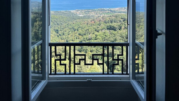 Ein Balkon mit Blick auf eine bewaldete Landschaft und das Meer.