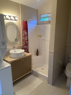 Regadera, secadora de cabello, bidet, toallas 