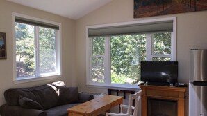 A living room with a sofa, a wooden table, a TV, and a fireplace. - ~AMITABHA~ Wine Country Cottage! Perfectly Located in Santa Rosa (Santa Rosa)