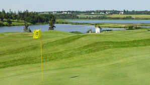 Un terrain de golf avec un mât de drapeau, un étang et un petit bâtiment en arrière-plan.