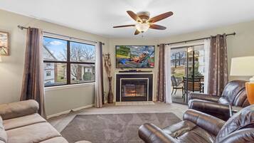 Télévision, cheminée, livres