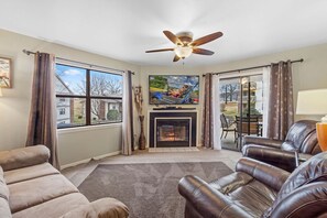 Televisión, chimenea y libros 