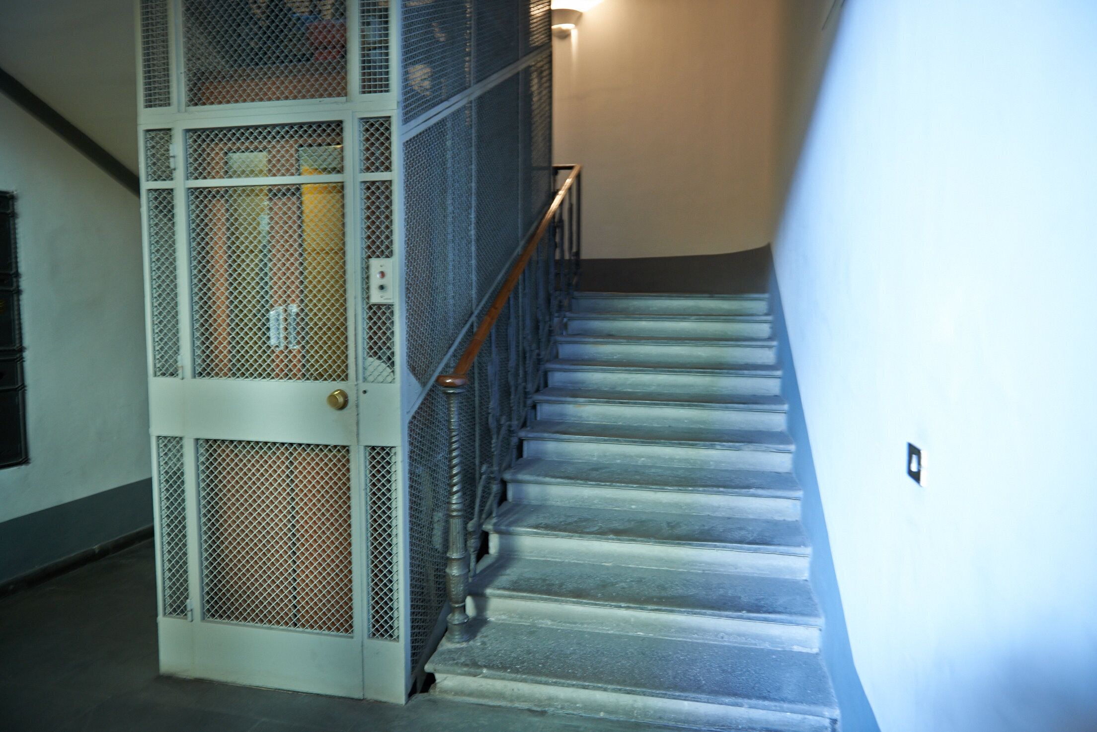 Eine Treppe mit Metallgeländer und Maschendrahttür.