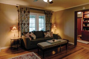 Télévision, cheminée, lecteur de DVD, livres