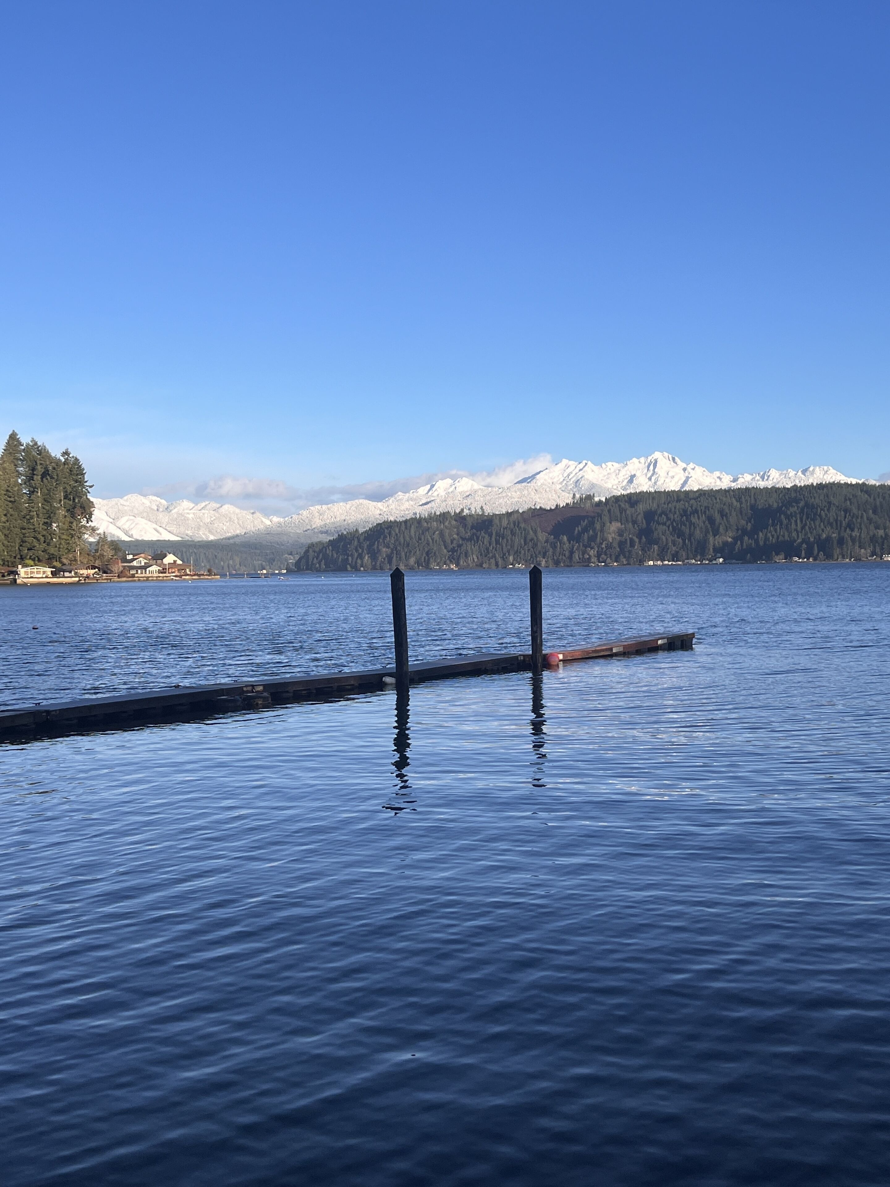 Un lac paisible, avec une jetée en bois qui s’avance sur l’eau, entouré de montagnes aux sommets enneigés et d’une forêt dense, le tout sous un ciel bleu dégagé.