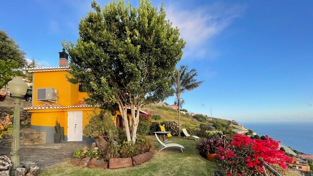 A yellow house with a tree in the front yard, a chair, and a view of the ocean.