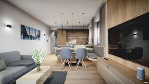Un salon moderne comprenant un canapé, une table à manger et des chaises, un coin cuisine avec une table à manger et des chaises, et une grande fenêtre avec des rideaux.