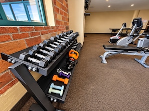 A gym with a bench press, dumbbells, and cardio equipment.