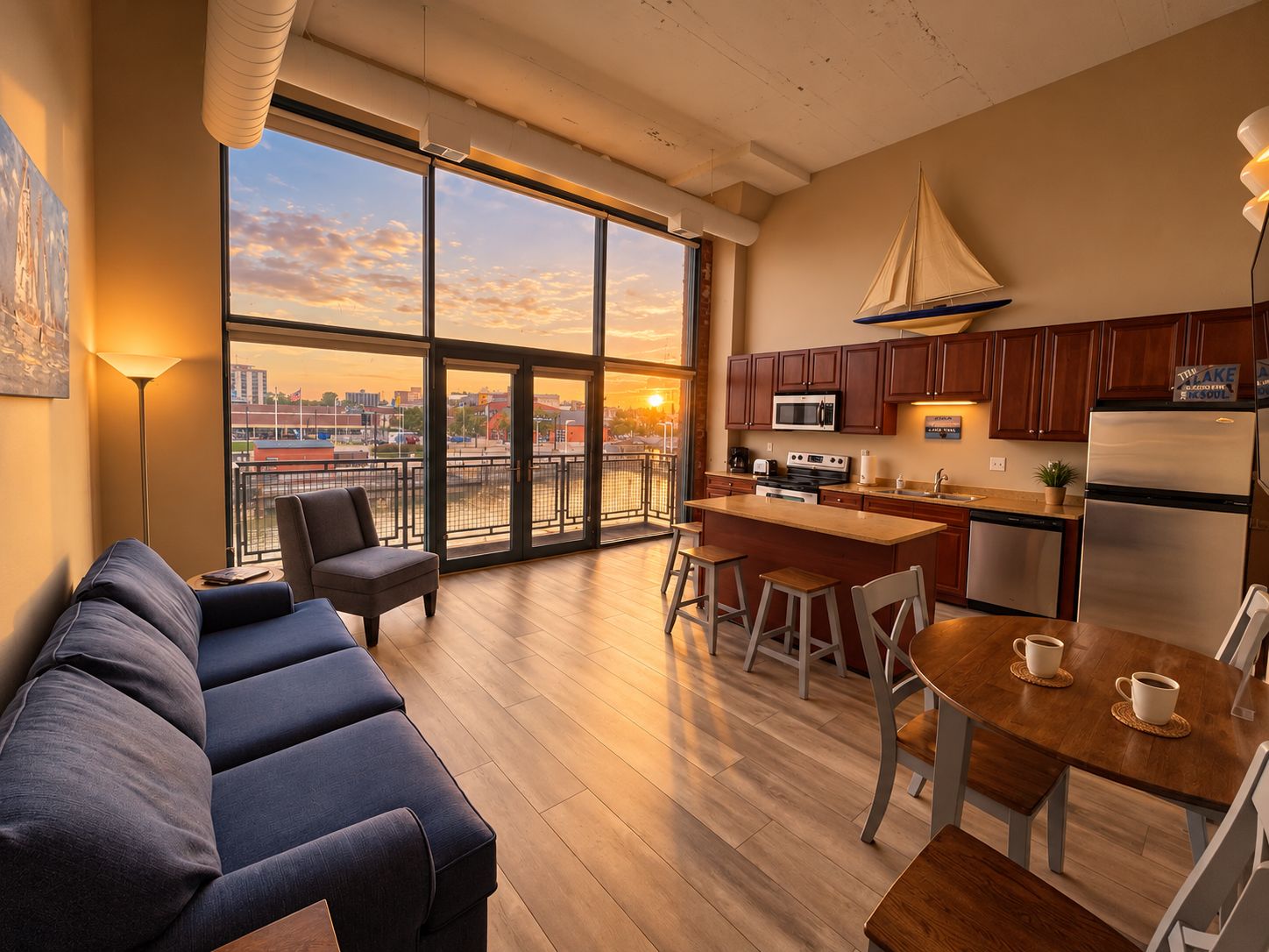 Golden hour transforms this two-bedroom loft into something special. Gather together as warm sunlight fills the open living space and downtown Sandusky glows beyond the dramatic floor-to-ceiling windows.