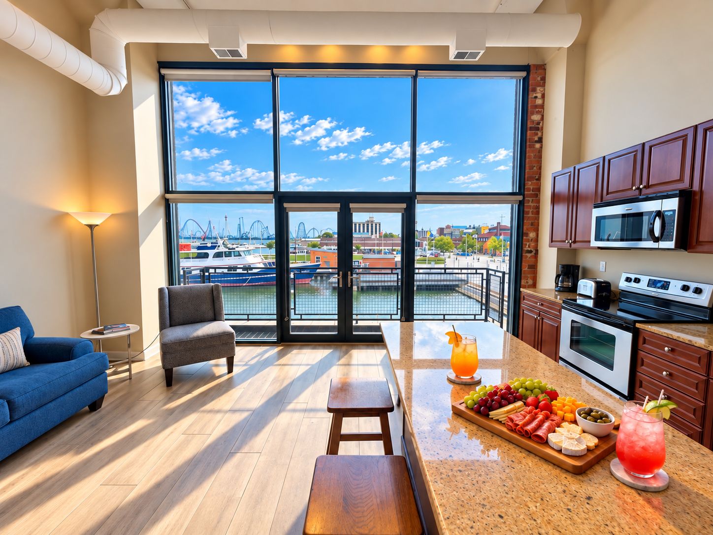 Una cocina moderna con una isla grande, un comedor con sofá azul y vistas a un puerto deportivo a través de amplios ventanales.