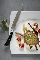 A white plate with a grilled meat dish, a knife, and some garnishes.