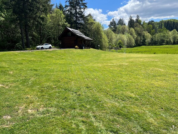 A cabin in a forested area with a grassy field in the foreground. - Cabin In The Wildwood (Chehalis)