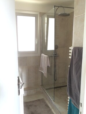 Shower, free toiletries, hair dryer, towels