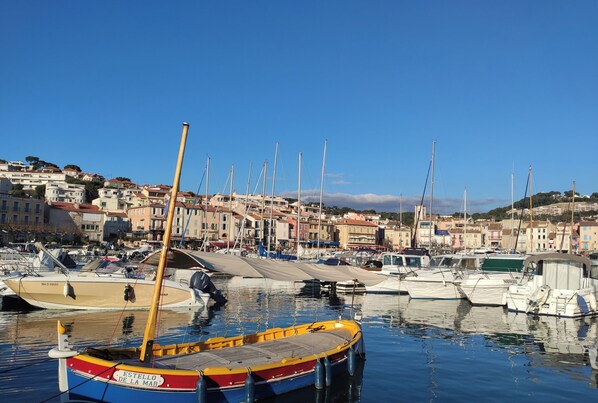 A marina with boats docked, a town in the background, and a clear sky.