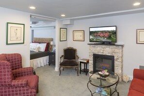 TV, fireplace, books