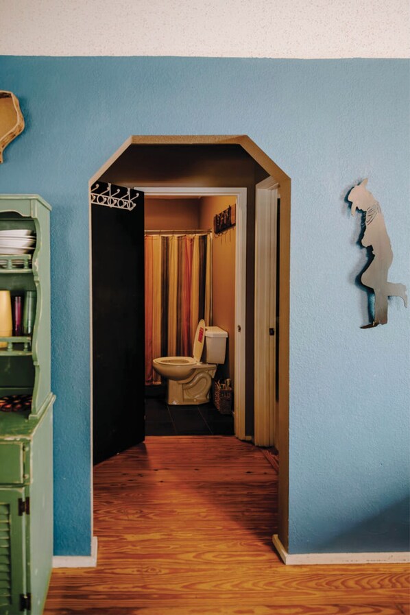 Un pasillo estrecho que conduce a un baño con un inodoro, una cortina de ducha y un perchero.