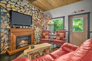 Smart TV, fireplace, DVD player, books