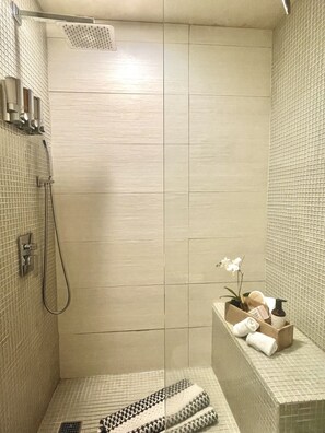 Dusche, Haartrockner, Handtücher, Seife