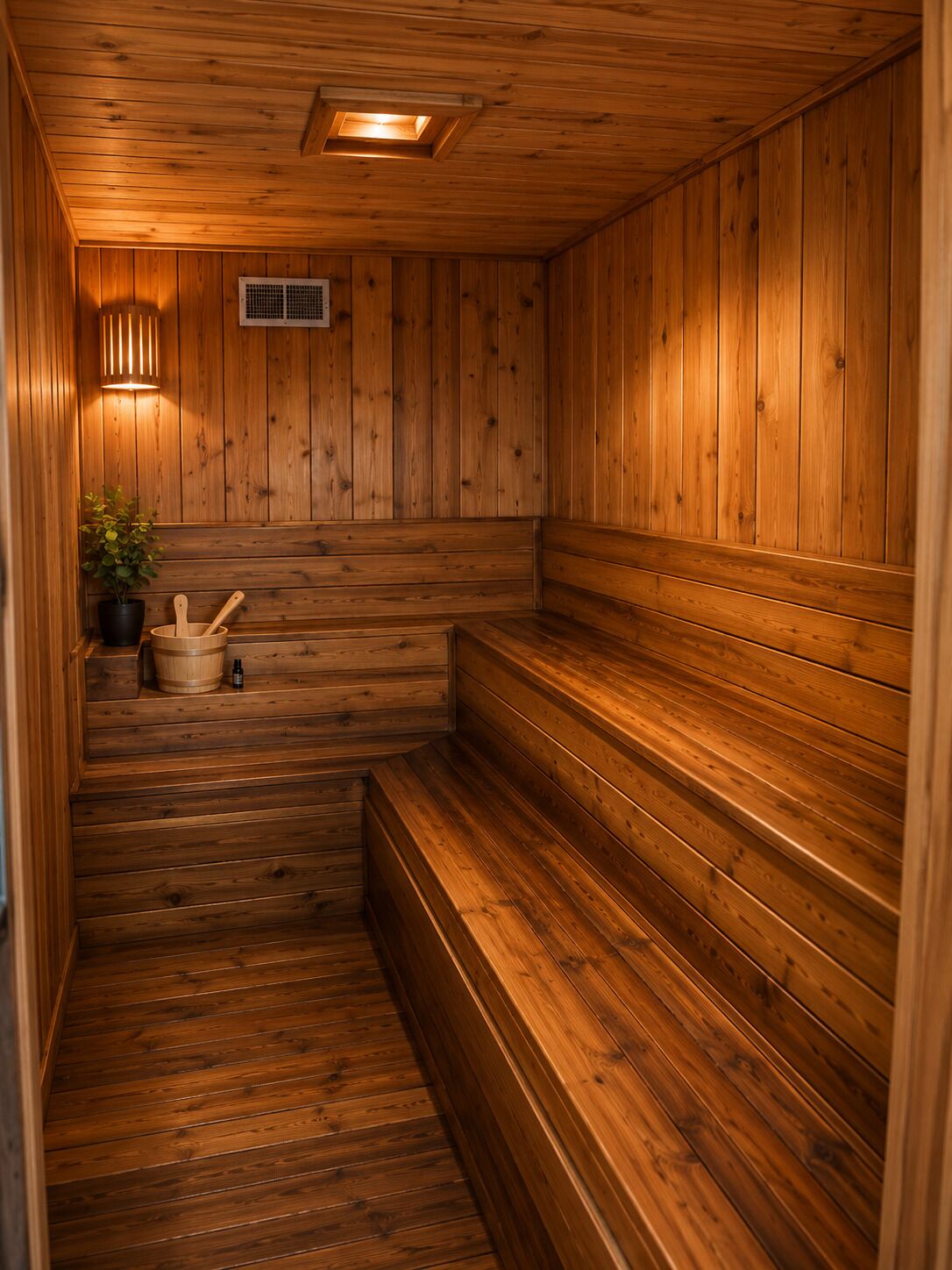 Uma sauna de madeira com bancos, uma planta em vaso e um aquecedor fixado na parede.