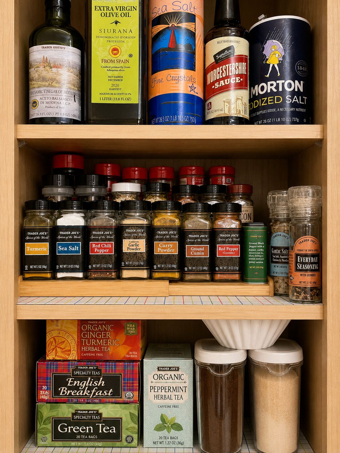 A pantry shelf stocked with various spices, condiments, and tea bags.