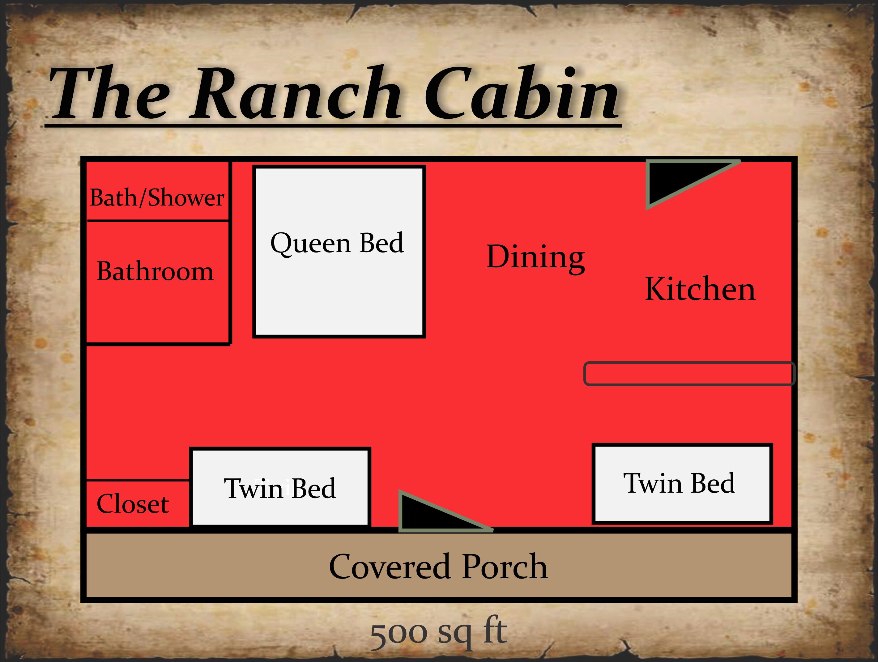 Un chalet de ranch comprenant un lit double, deux lits simples, une salle de bain, un coin repas, une cuisine et une véranda couverte.