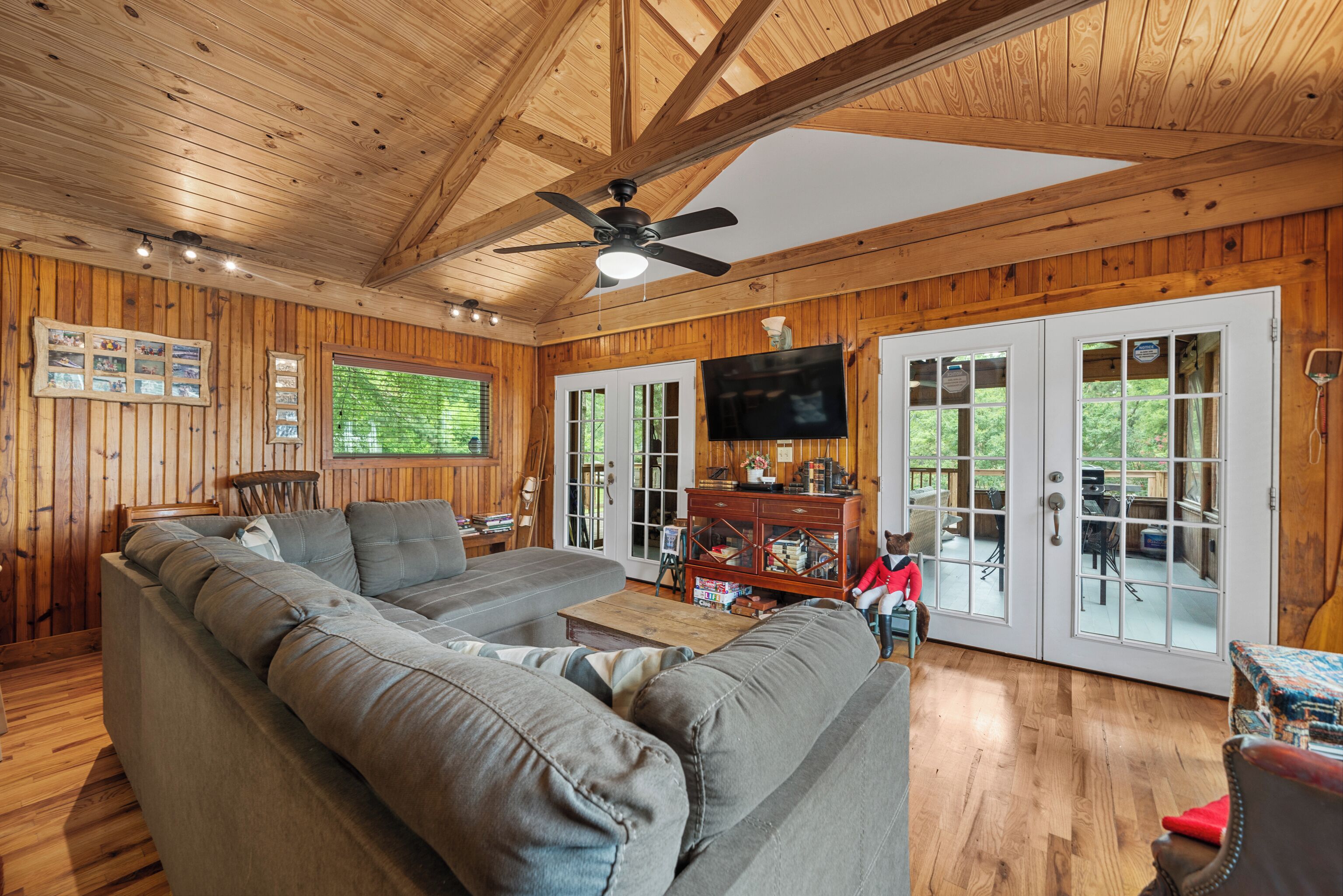 Smart TV, fireplace, books