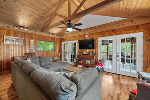 Smart TV, fireplace, books