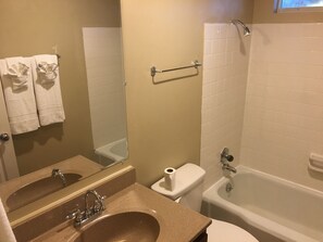 Hair dryer, towels, soap, shampoo