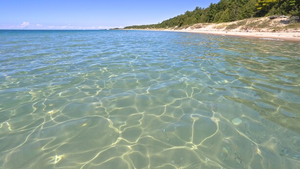 Une plage de sable fin aux eaux peu profondes, avec une colline boisée en arrière-plan.