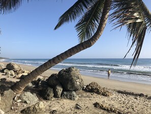 On the beach, sun-loungers, beach towels