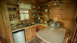 Una cocina compacta con armarios de madera, un lavamanos, un microondas, un tostador y un refrigerador pequeño.