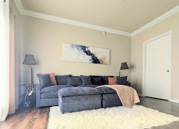 Smart TV, fireplace, video games, DVD player