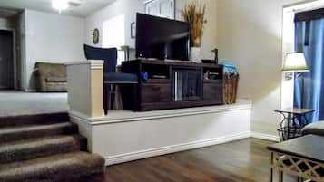 Smart TV, fireplace, video games, DVD player