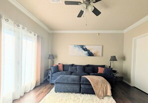 Smart TV, fireplace, video games, DVD player